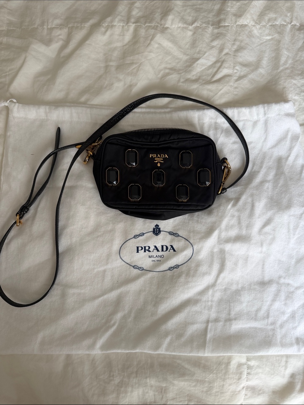 Prada Black Nylon Crossbody with Gold Jeweled Accents